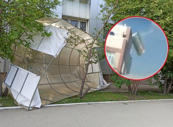 &laquo;Еле увернулся&raquo;: сорванная ураганом &laquo;теплица&raquo; улетела с крыши многоэтажки и помяла несколько машин