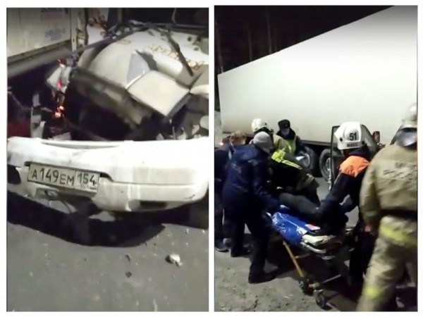 Пассажирку Мазды пришлось вырезать из машины после ДТП с фурой на Бердском шоссе