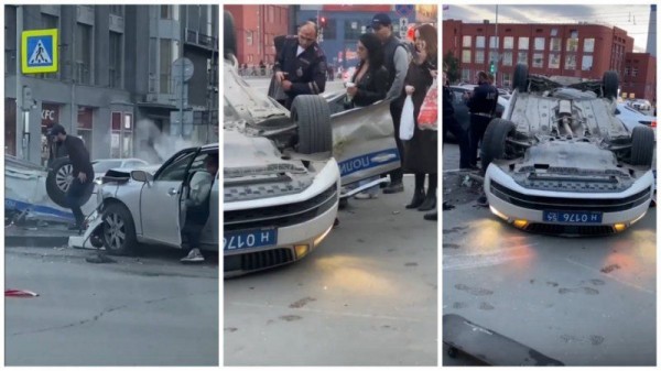 Автомобиль ДПС перевернулся на крышу после аварии на площади Ленина